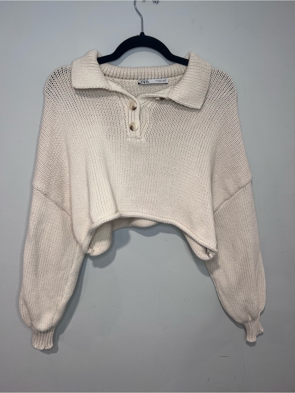 Zara Cropped Cream Polo Knit Sweater Size S
